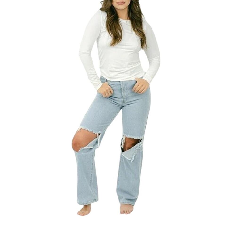 CELLO Super High Rise Dad Jeans Distressed Straight Light Blue NWT - 9